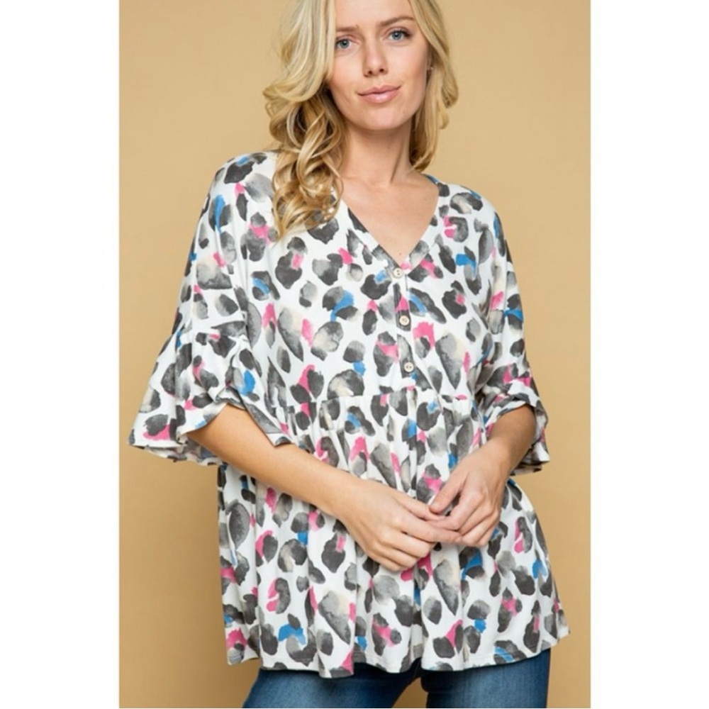 NWT Lovely J Colored Animal Print V-Neck Ruffle Sleeve Babydoll Top size small
